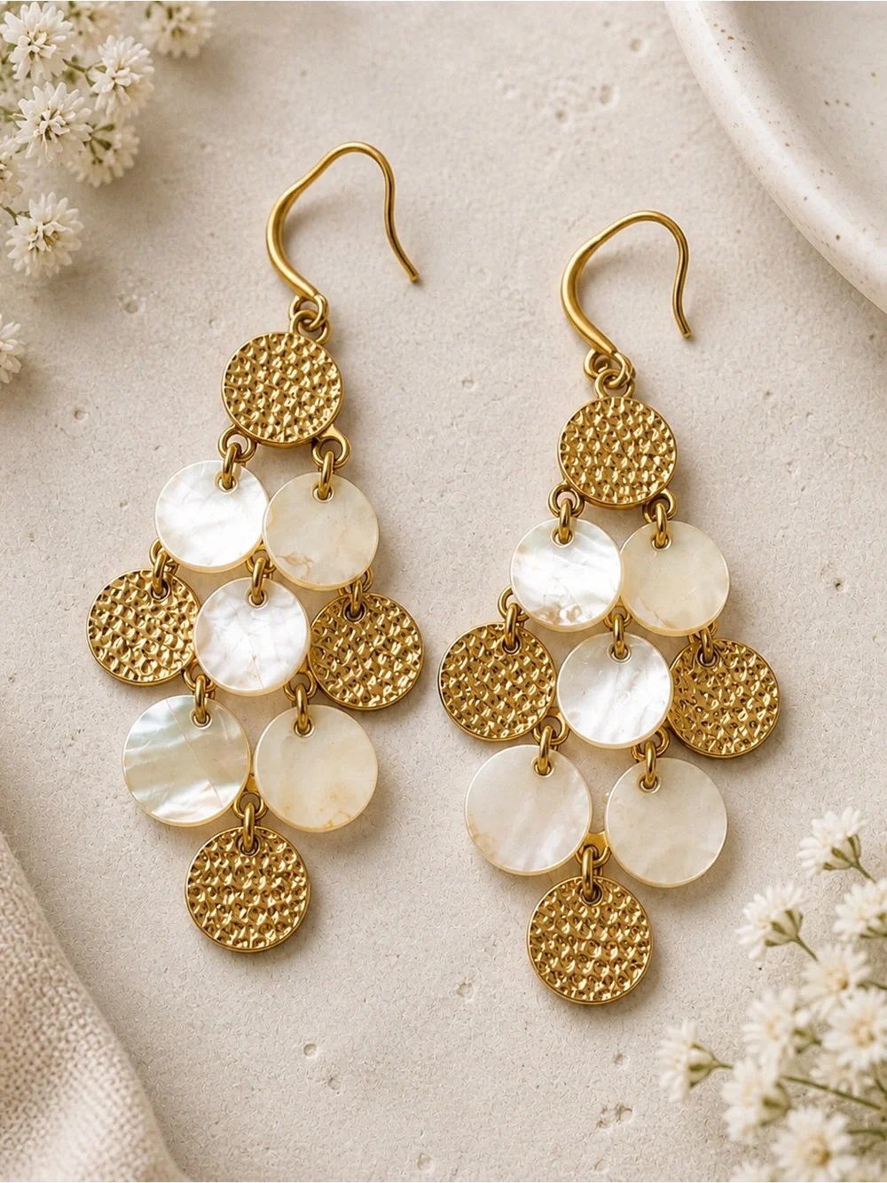 Gold Tone Mother of Pearl Disc Chandelier Dangle Earrings